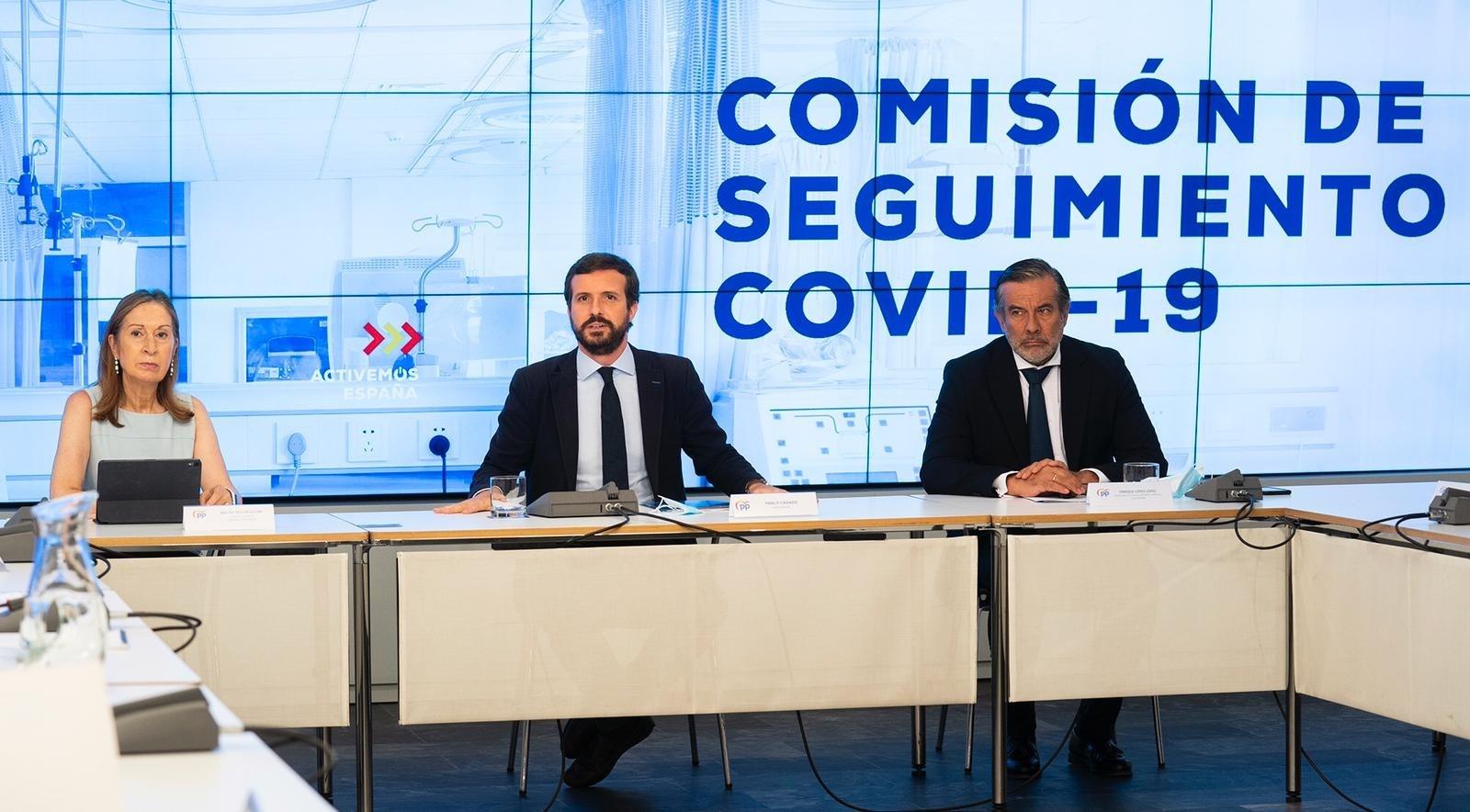 l líder del PP, Pablo Casado, preside la Comisión de Seguimiento del Covid-19 del PP con cargos de su partido