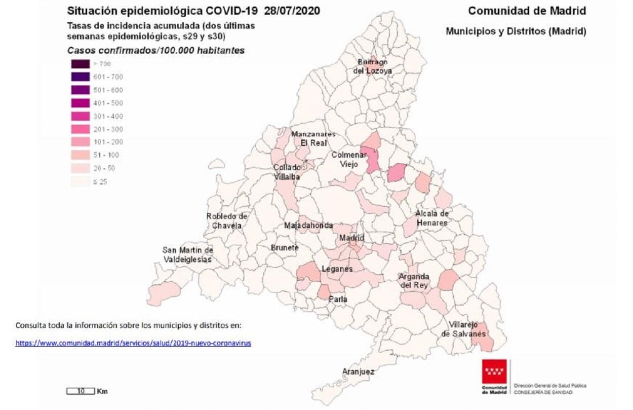 Mapa Madrid coronavirus 28 de julio. Comunidad de Madrid