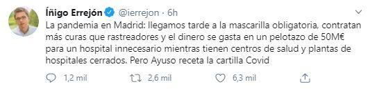 Tuit de Errejón sobre la gestión de Ayuso