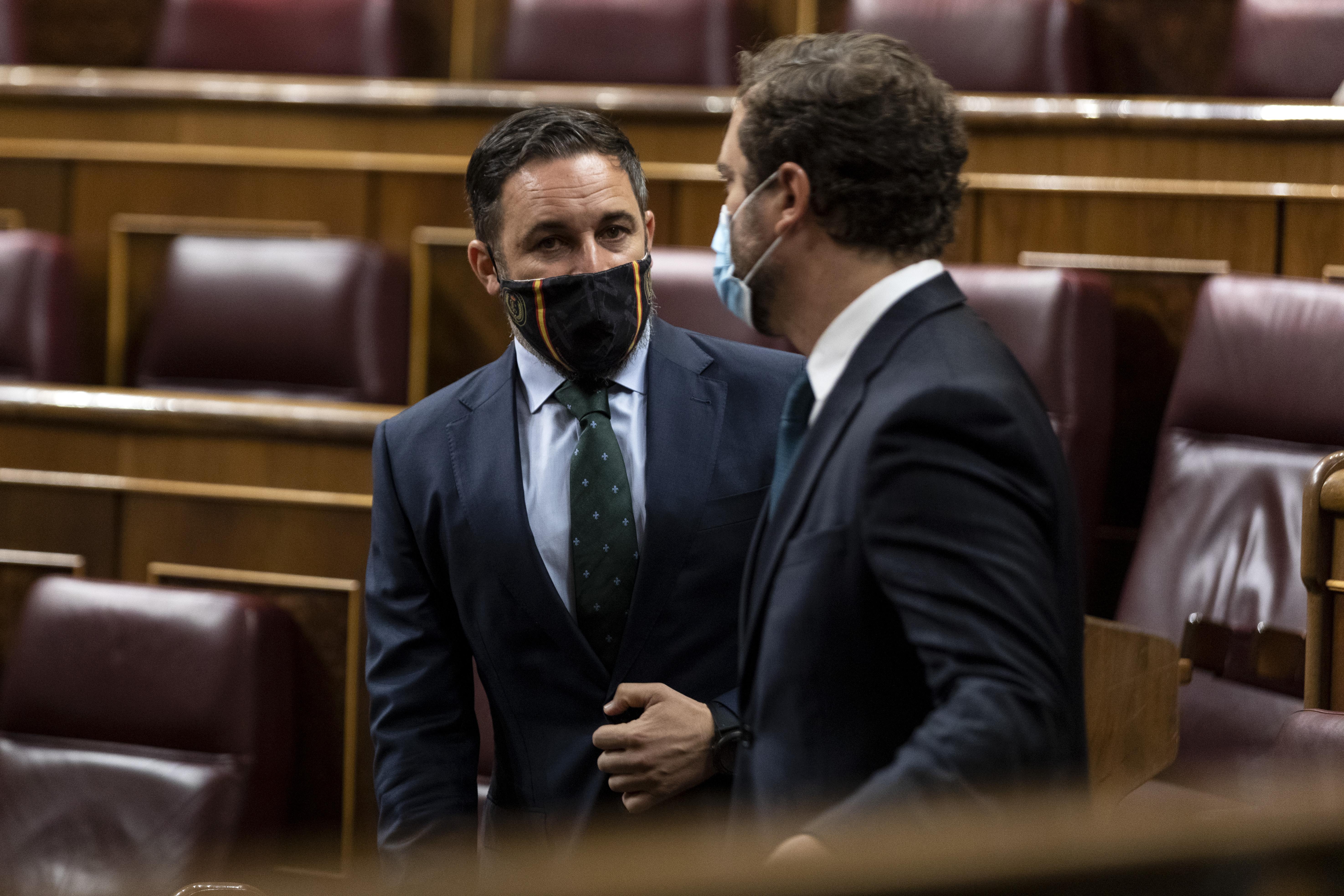 El presidente de Vox, Santiago Abascal, junto a Iván Espinosa de los Monteros, en el Congreso de los Diputados. Europa Press. 