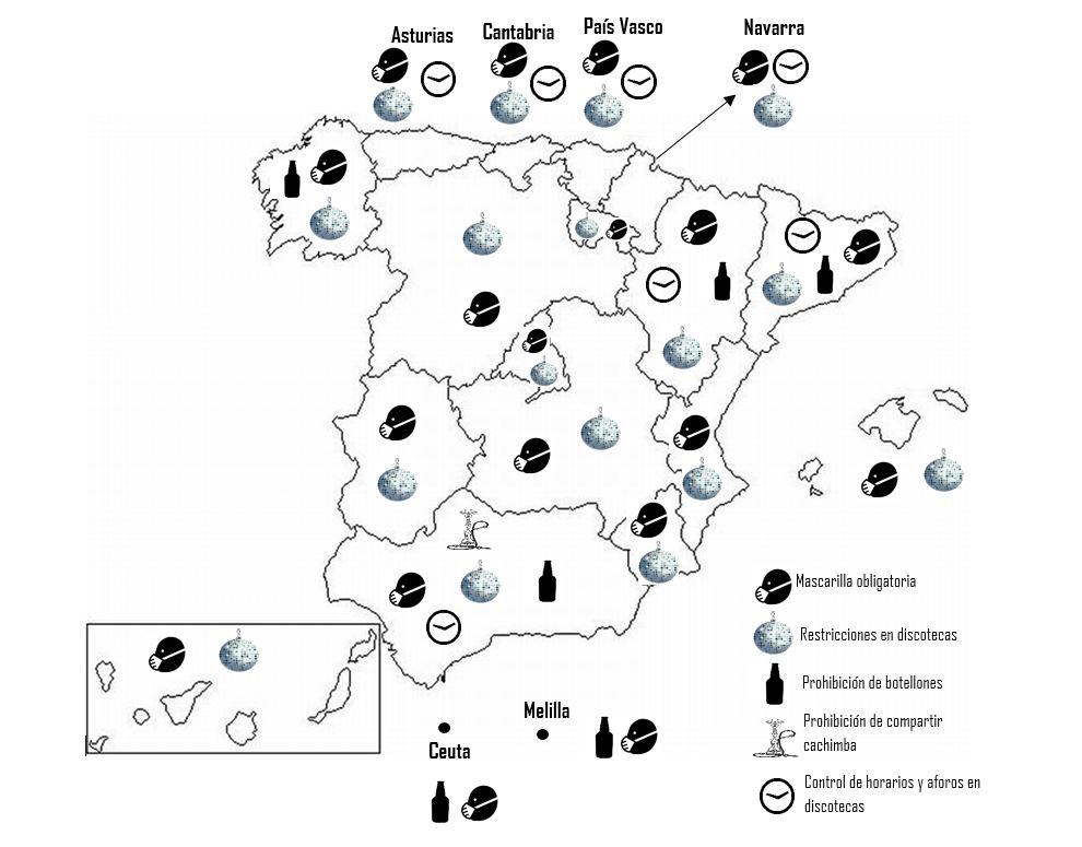  Mapa de las limitaciones de ocio nocturno en cada comunidad autónoma