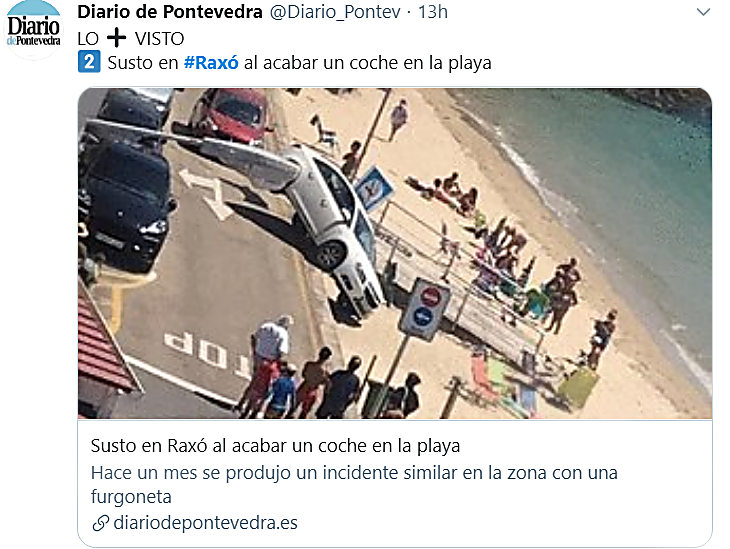 Tuit del Diario de Pontevedra sobre la caída del coche a la playa de Raxó.