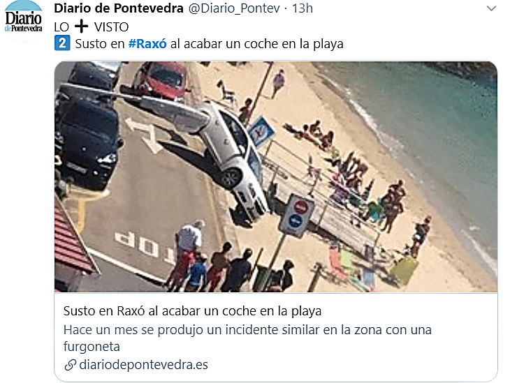 Tuit del Diario de Pontevedra sobre la caída del coche a la playa de Raxó. Tuit del Diario de Pontevedra sobre la caída del coche a la playa de Raxó.