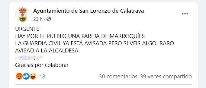 El mensaje de Facebook del Ayuntamiento de San Lorenzo de Calatrava