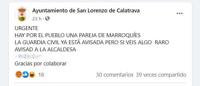 El mensaje de Facebook del Ayuntamiento de San Lorenzo de Calatrava El mensaje de Facebook del Ayuntamiento de San Lorenzo de Calatrava