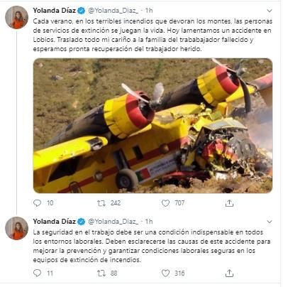Mensaje de Yolanda Díaz sobre el hidroavión siniestrado