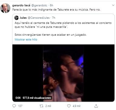 Tuit de Gerardo Tecé sobre el concierto de Taburete
