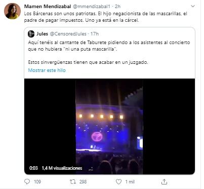 Mensaje de Mamen Mendizábal sobre el concierto de Taburete
