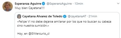 Mensaje de Esperanza Aguirre al tuit de Álvarez de Toledo sobre el Felipe VI