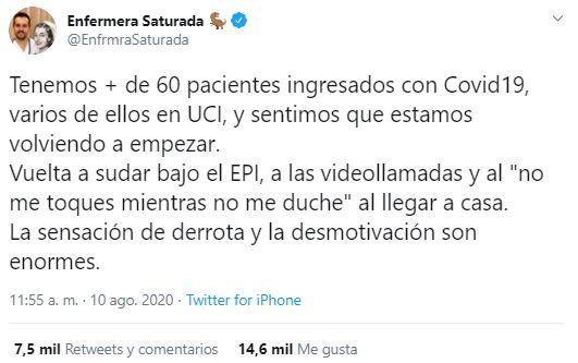 Tuit enfermero sobre la situación del coronavirus