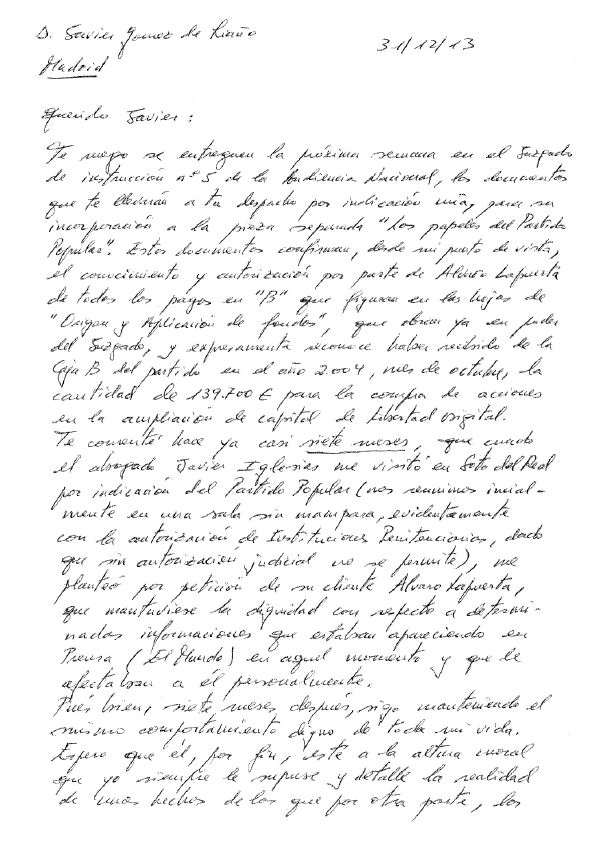 La carta manuscrita de Bárcenas que lleva a Ángel Acebes a sentarse en el banquillo