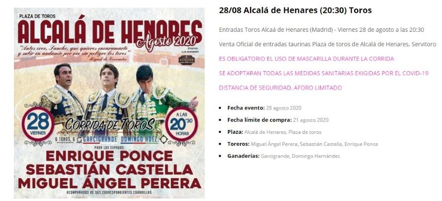 Cartel oficial de la corrida de toros de Alcalá de Henares.