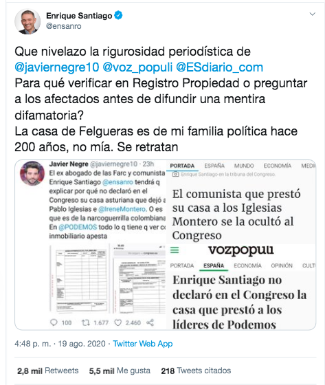 Tuit Enrique Santiago sobre Javier Negre
