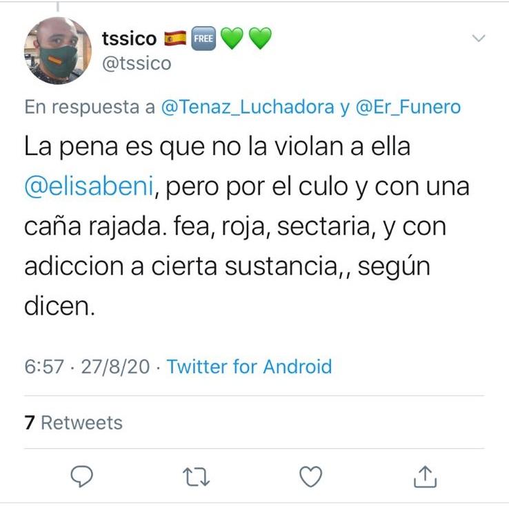 Captura del tuit de acoso a Elisa Beni Captura del tuit de acoso a Elisa Beni
