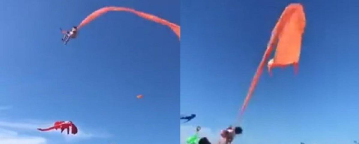 Una niña sale volando enganchada a una cometa en Taiwan. Fuente: Twitter