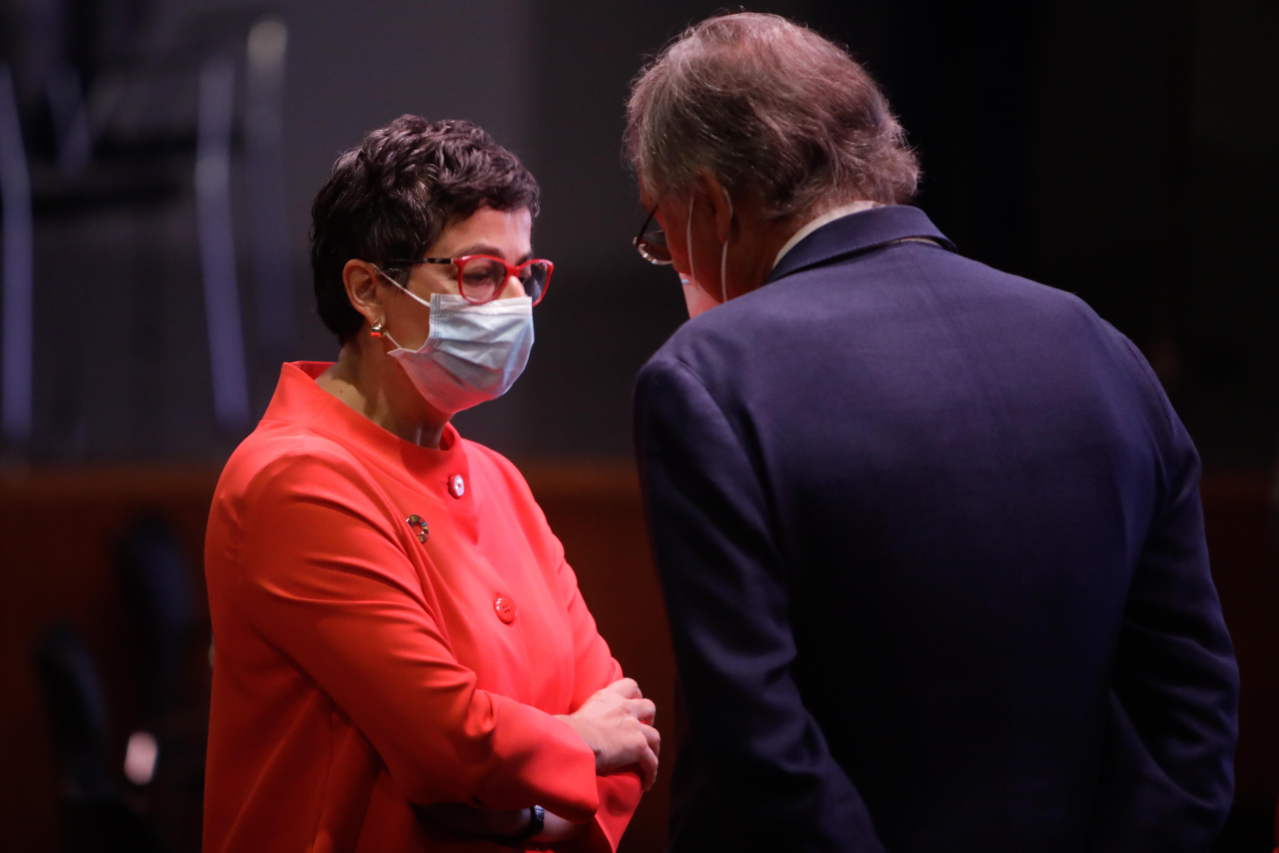 La ministra de Asuntos Exteriores, Unión Europea y Cooperación, Arancha González Laya, tras la conferencia ofrecida por el presidente del Gobierno, Pedro Sánchez