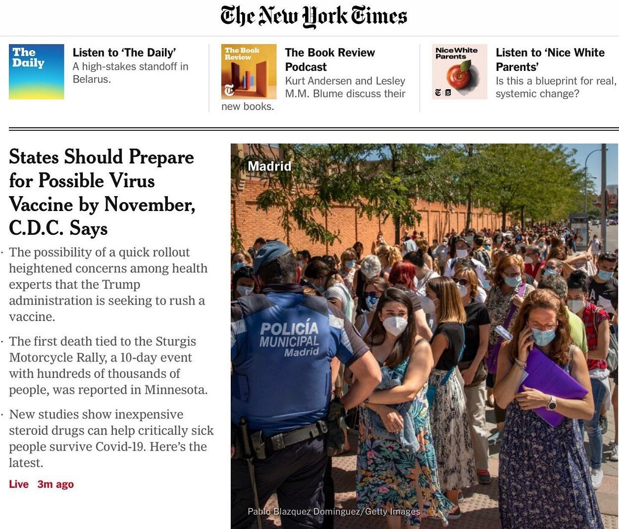 El caos de Ayuso con los profesores, portada del 'The New York Times'