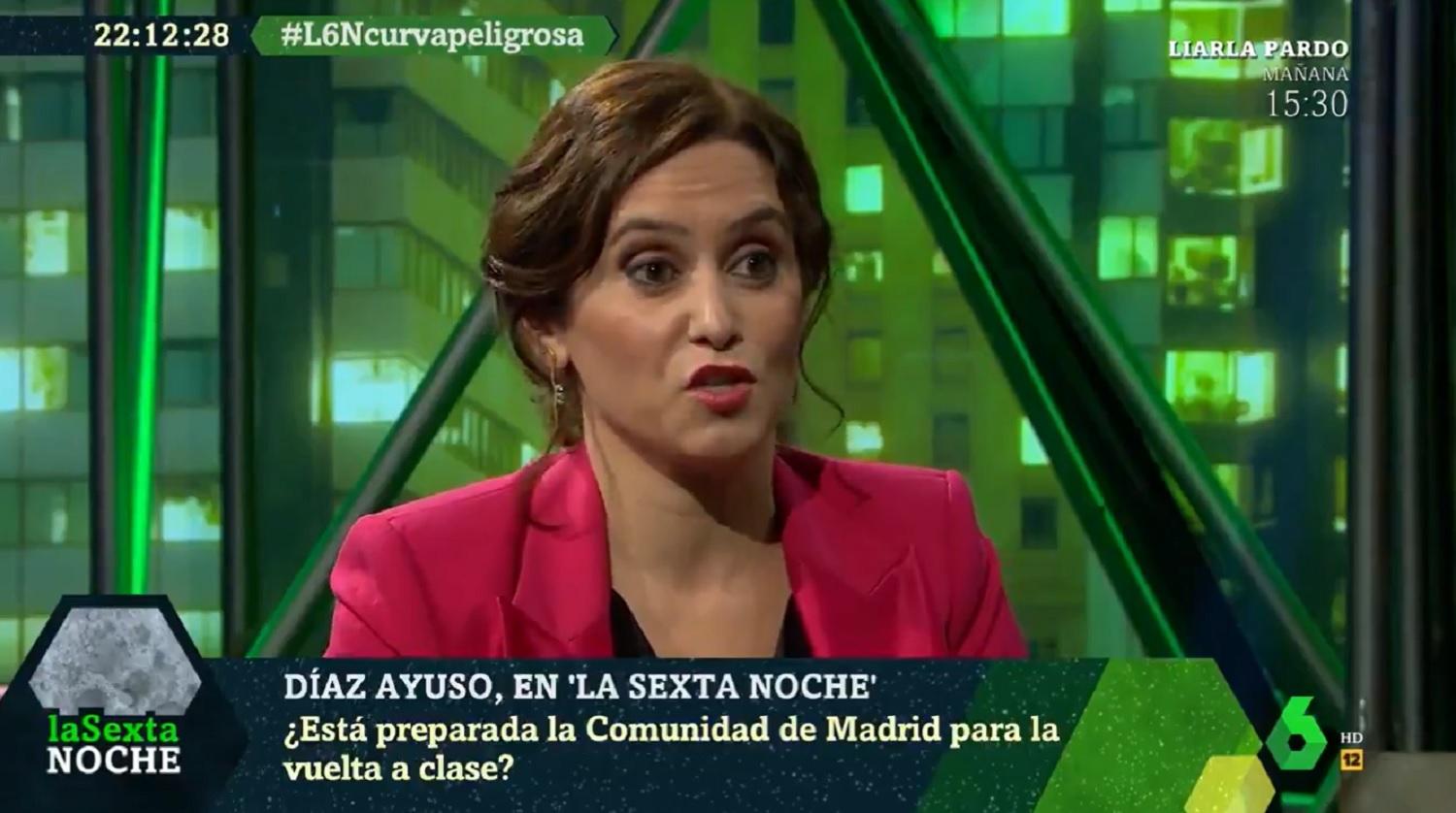 La presidenta de la Comunidad de Madrid, Isabel Díaz Ayuso, durante la entrevista en 'la Sexta Noche'. Fuente: laSexta.