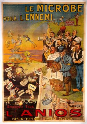 Publicidad de un desinfectante para destruir microbios que representan enfermedades infecciosas. 1910. / Wellcome Collection