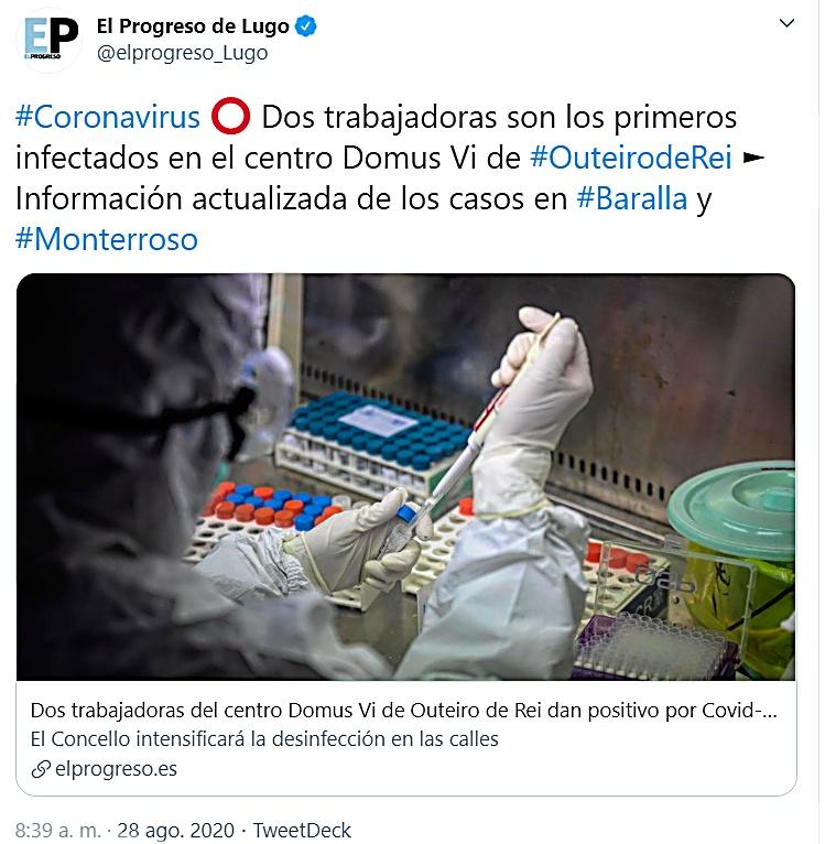 Tuit del medio local El Progreso informando el 28 de agosto del contagio de dos trabajadoras. Tuit del medio local El Progreso informando el 28 de agosto del contagio de dos trabajadoras.