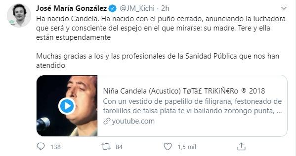 Tuit de Kichi sobre el nacimiento de su segunda hija Tuit de Kichi sobre el nacimiento de su segunda hija
