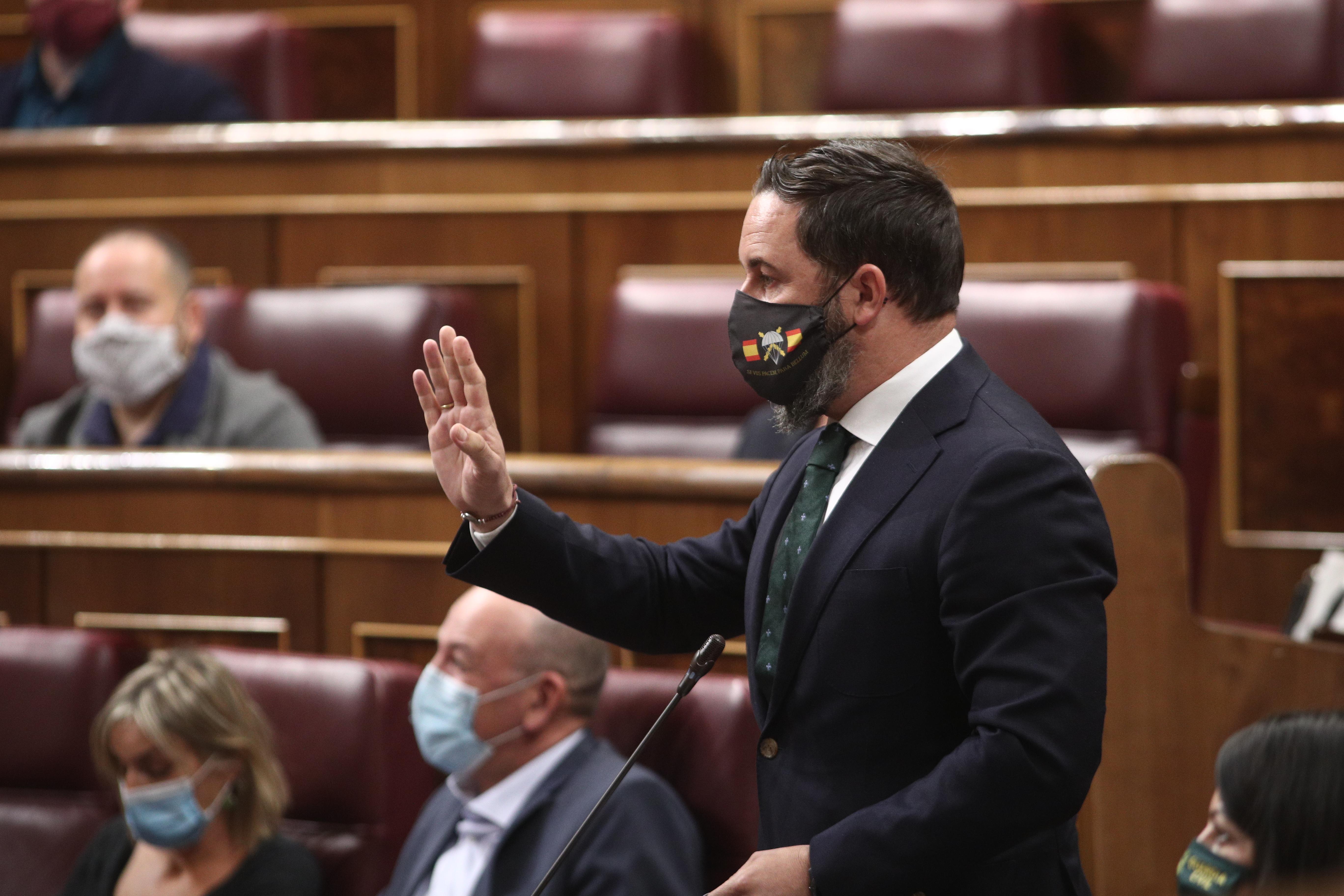 El presidente de Vox, Santiago Abascal, Interviene, desde su escaño / EP