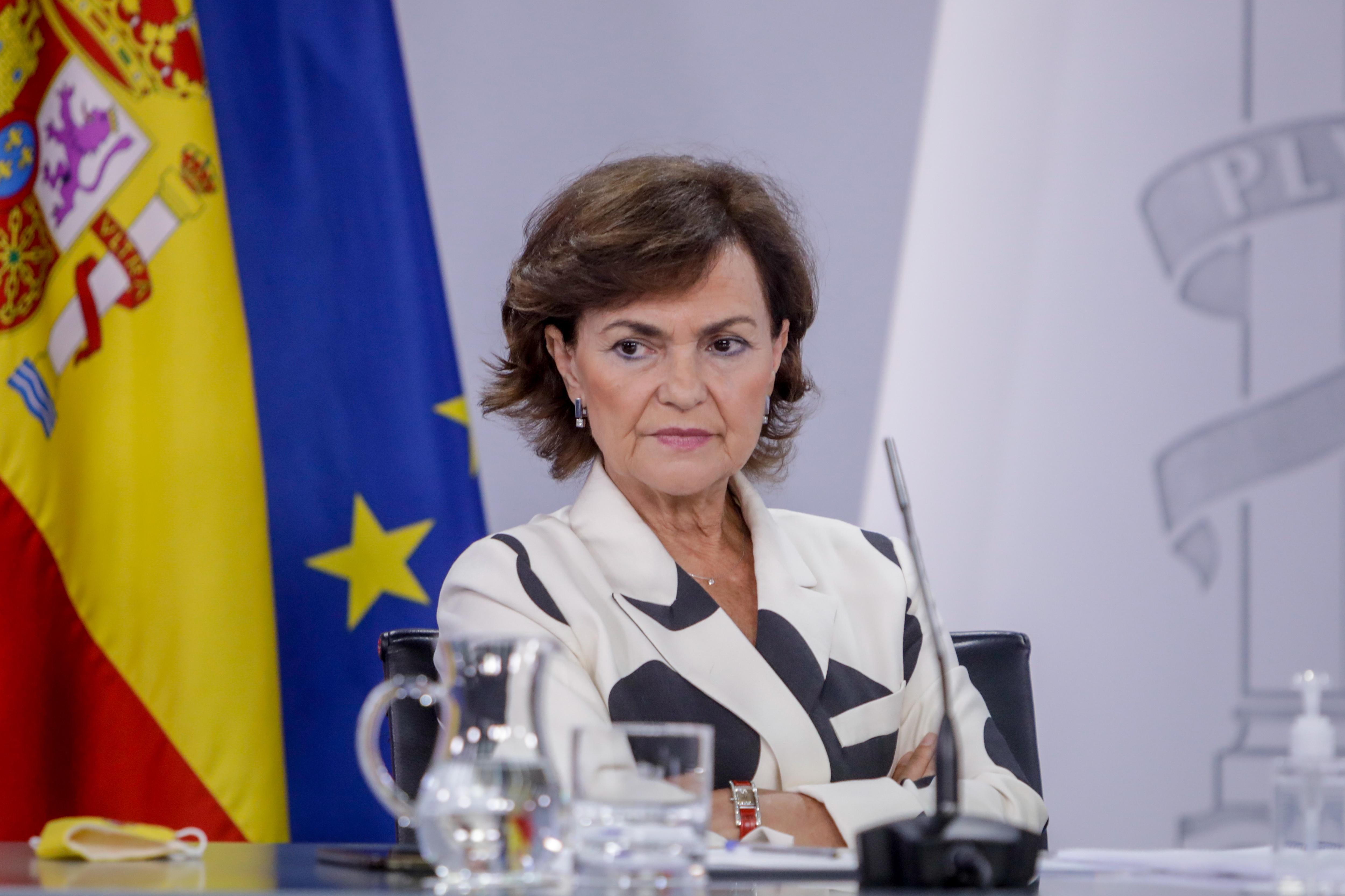 La vicepresidenta primera, Carmen Calvo, durante la rueda de prensa posterior al consejo de ministros