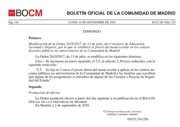 Página del BOCM en el que se anuncia la medida.