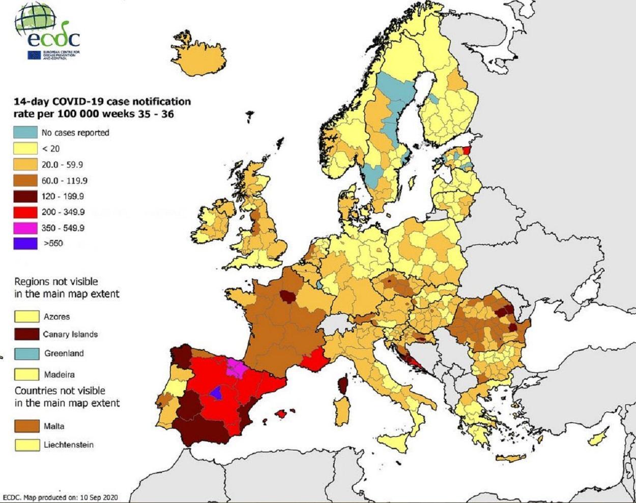 Mapa de ECDC donde Madrid es la región más afectada por el coronavirus
