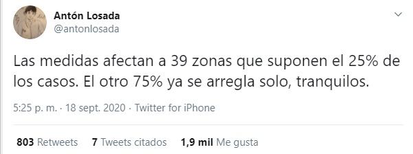 Tuit de Antón Losada sobre las medidas de Ayuso