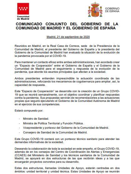 Comunicado oficial de la Comunidad de Madrid