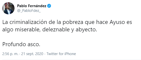 Tuit de Pablo Fernández (podemos)