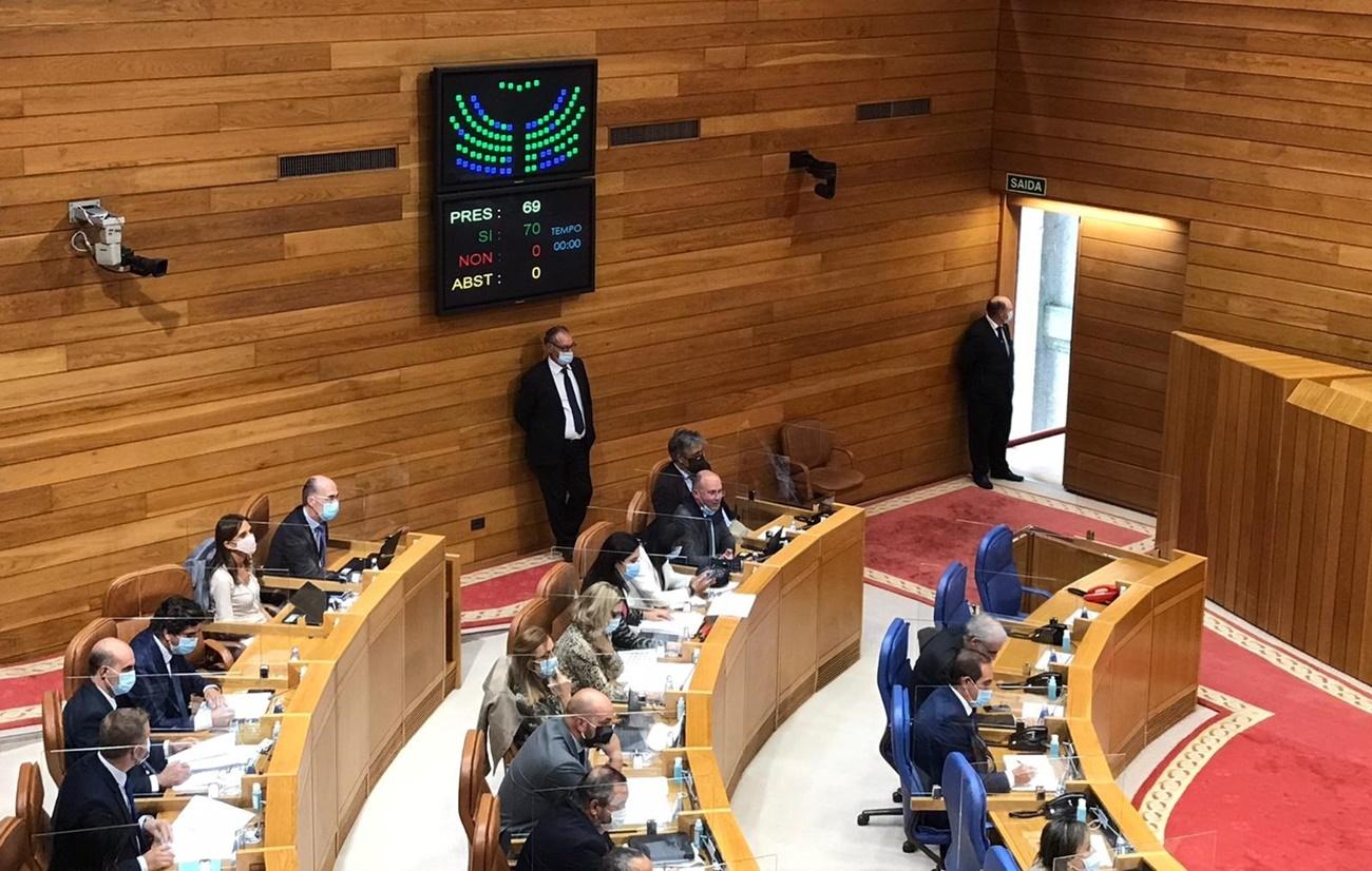 Momento de una de las votaciones de hoy en el Parlamento gallego, en concreto, la relativa a Alcoa que recibió el apoyo unánime de la Cámara, no así la petición de una comisión de investigación (Foto: Europa Press).
