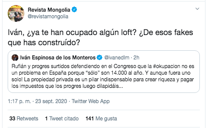 Captura tuit de Mongolia a Espinosa de los Monteros