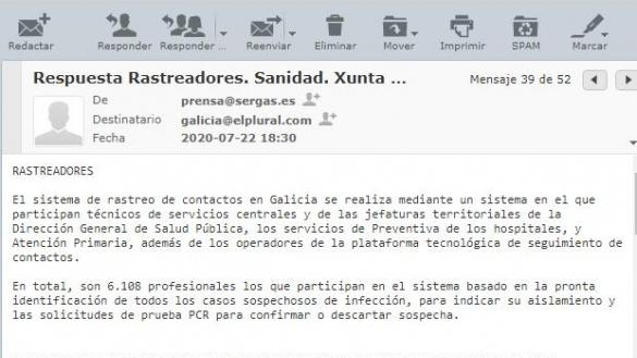 Respuesta Sergas a ELPLURAL.COM sobre el número de rastreadores de Galicia.