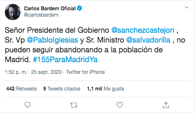 Tuit Carlos Bardem sobre Madrid