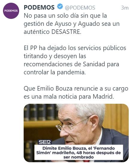 Mensaje de Unidas Podemos sobre la dimisión de Emilio Bouza