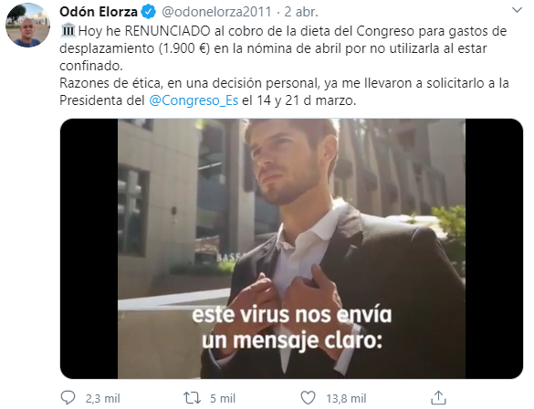 Odón Elorza rechaza sus dietas