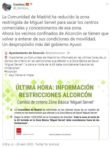 Un usuario denuncia por Twitter las restricciones de Alcorcón Un usuario denuncia por Twitter las restricciones de Alcorcón