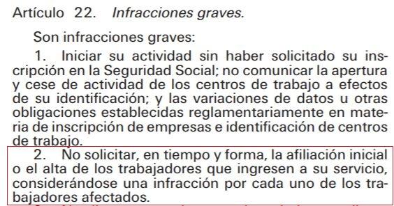 articulo 22 Ley de Infracciones y Sanciones en el Orden Social