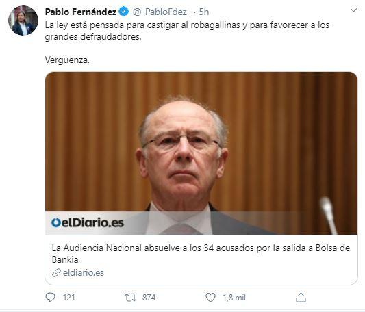 Tuit Pablo Fernández sobre la sentencia de Bankia