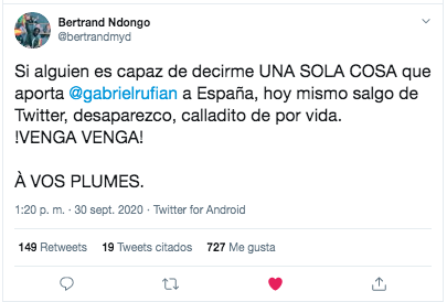 Tuit Bertrand Ndongo sobre Rufián 1