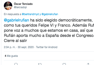 Tuit Bertrand Ndongo sobre Rufián 3