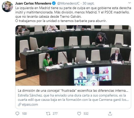 Tuit de Monedero sobre la izquierda madrileña