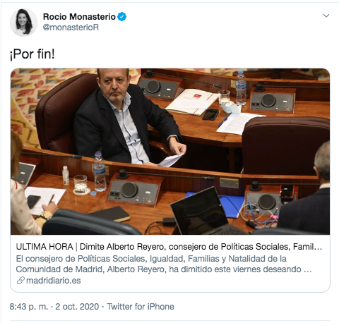 Reacción de Rocío Monasterio a la dimisión de Reyero