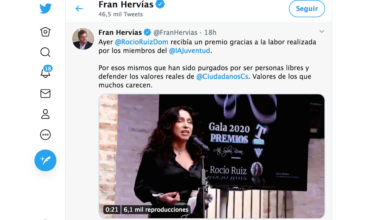 Captura de pantalla del tuit crítico del senador Fran Hervías con la dirección regional del partido.