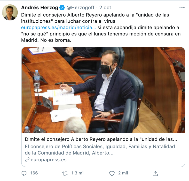 Andrés Herzog sobre Alberto Reyero. Twitter