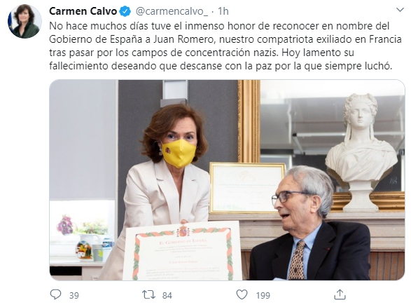 Tuit de Carmen Calvo sobre el fallecimiento de Juan Romero