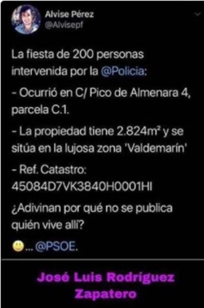 Tuit de Alvise sobre la fiesta celebrada en un chalet de Aravaca