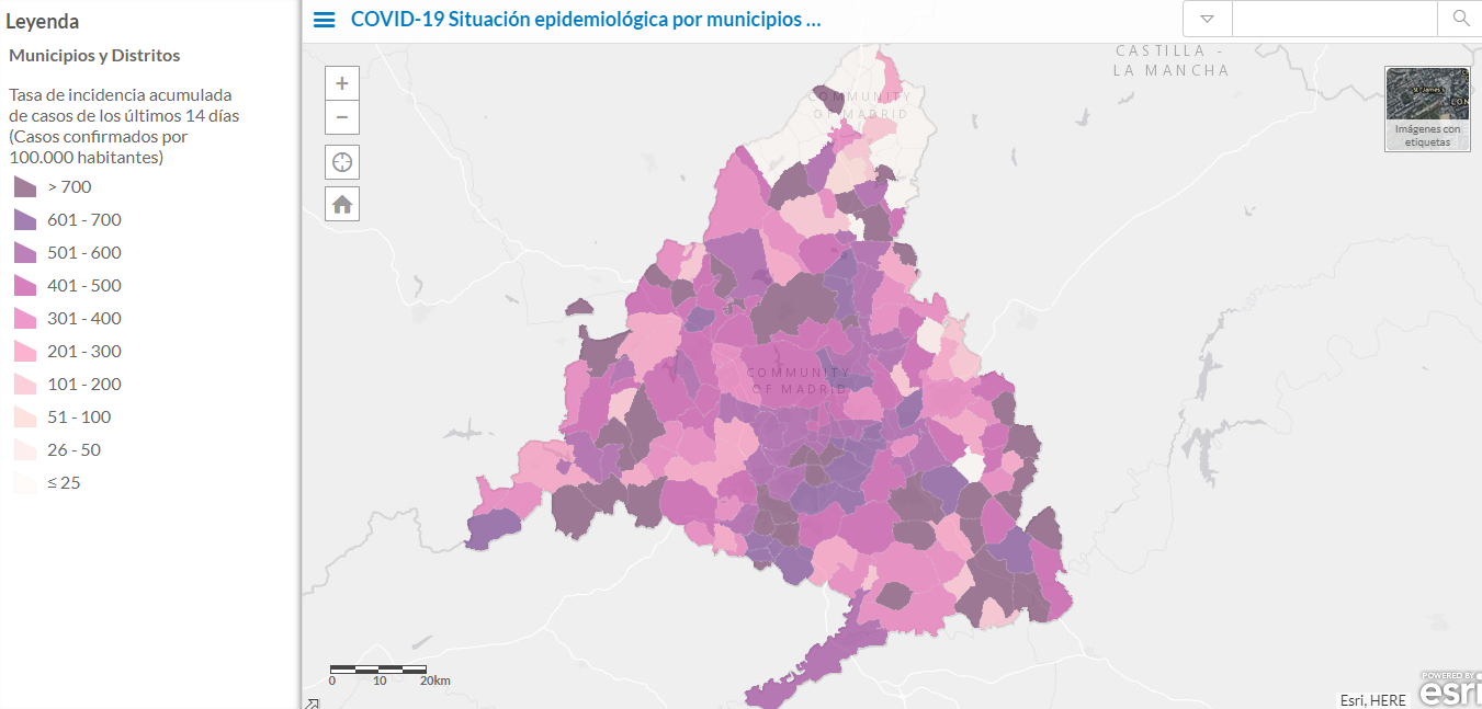 Mapa por barrios Comunidad de Madrid por casos IA